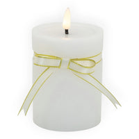 White LED candle with gold glitter ribbon bow, elegant home décor accent