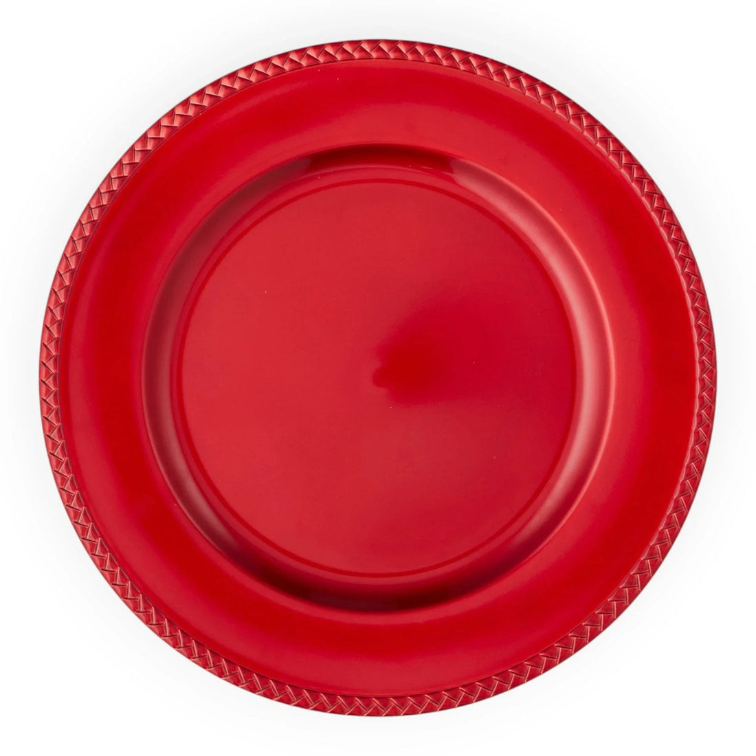 Vibrant red dinner plate with textured woven rim, elegant home décor accessory for modern table settings