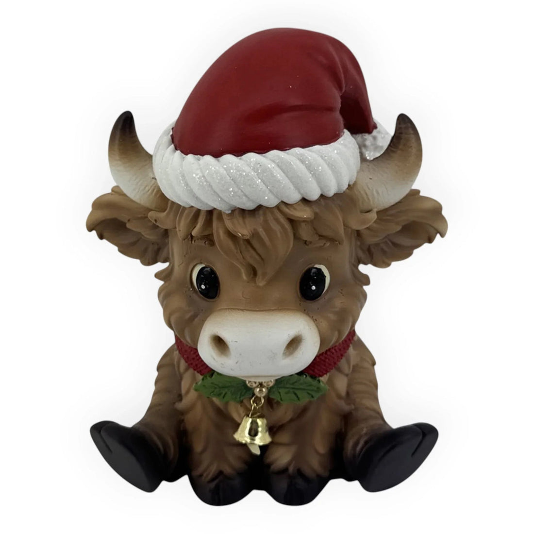 Adorable Christmas bull figurine with Santa hat, holly collar, and bell, perfect for festive home décor.