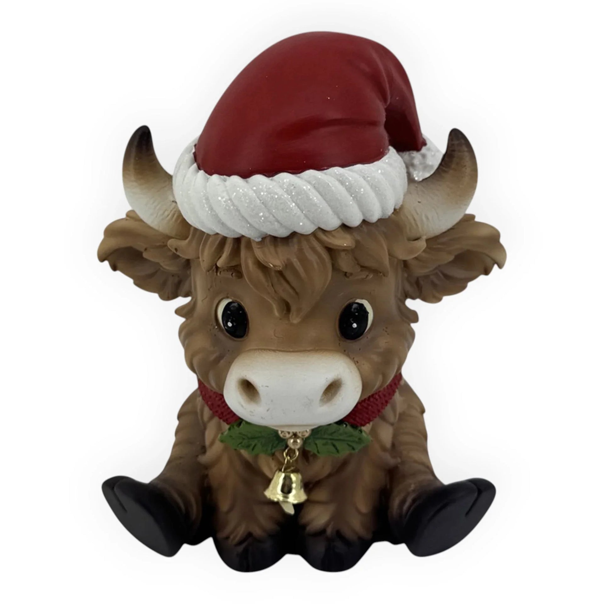 Adorable Christmas bull figurine with Santa hat, holly collar, and bell, perfect for festive home décor.