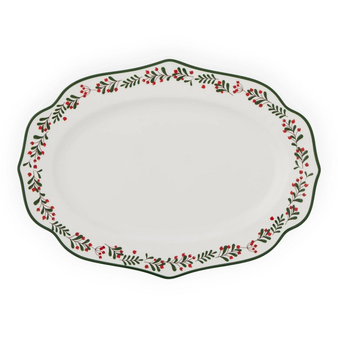 White oval platter with festive red berry and green leaf border, perfect for holiday dining and home décor