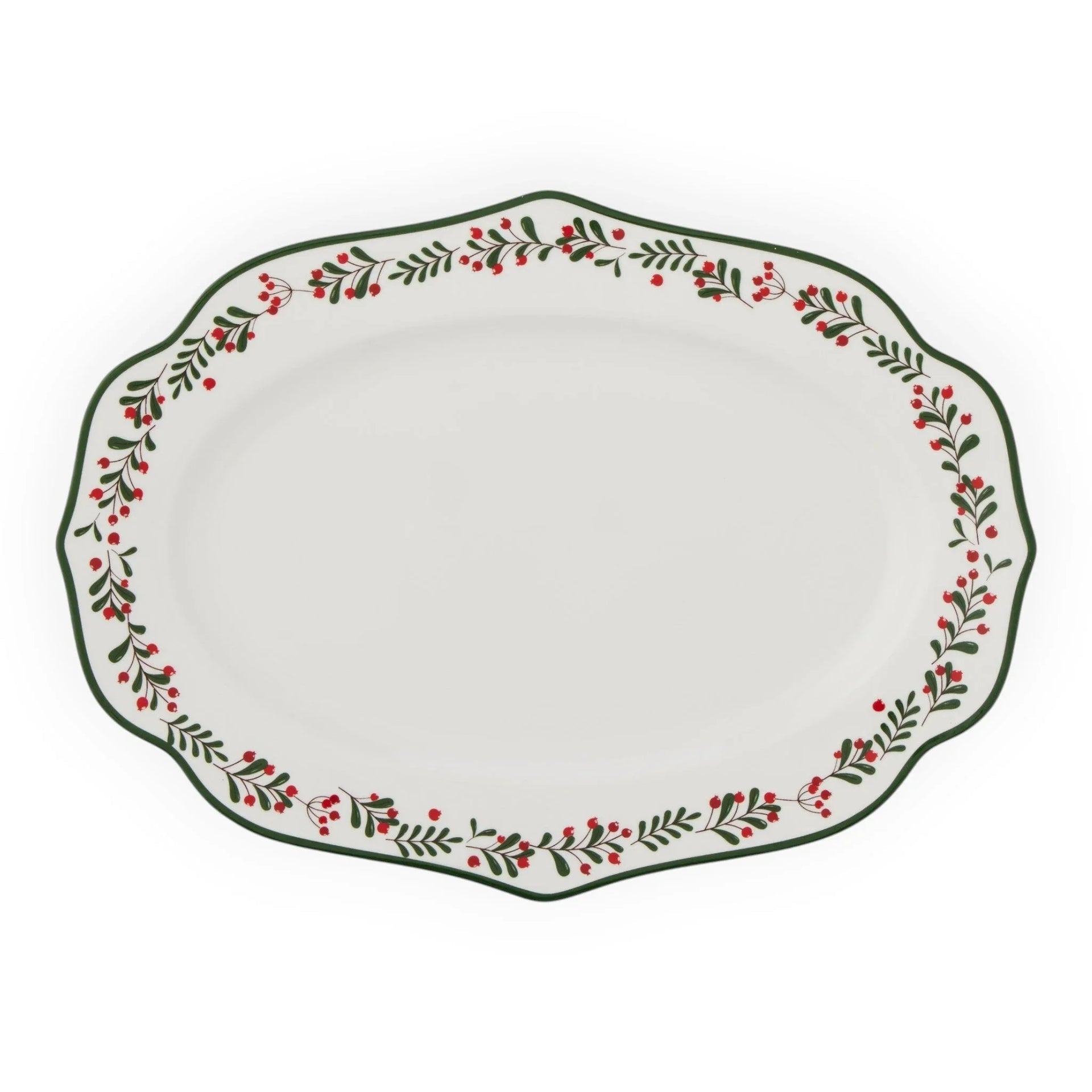 White oval platter with festive red berry and green leaf border, perfect for holiday dining and home décor