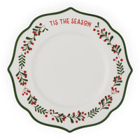 White holiday plate with 'Tis the Season' text, red berries, green leaves, and scalloped edge for festive dining.