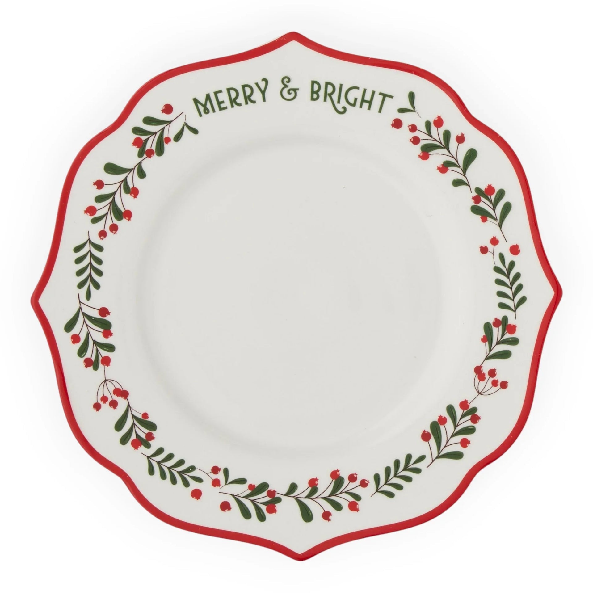 Merry & Bright holiday plate with red berry and green leaf border, festive Christmas dinnerware