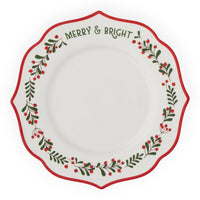Merry & Bright holiday plate with red berry and green leaf border, festive Christmas dinnerware