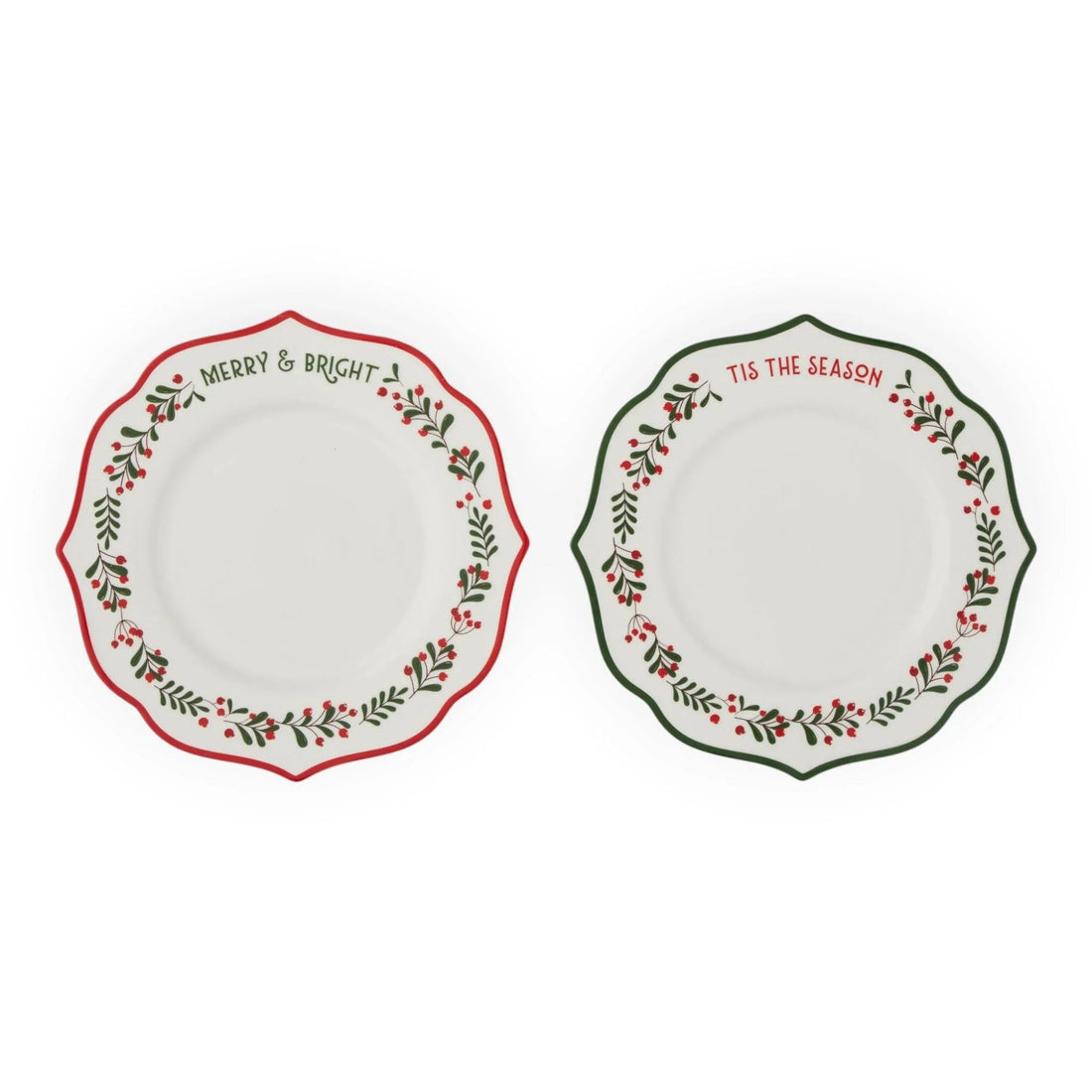 Festive holiday plates with 'Merry & Bright' and 'Tis The Season' text, red and green berry wreath designs