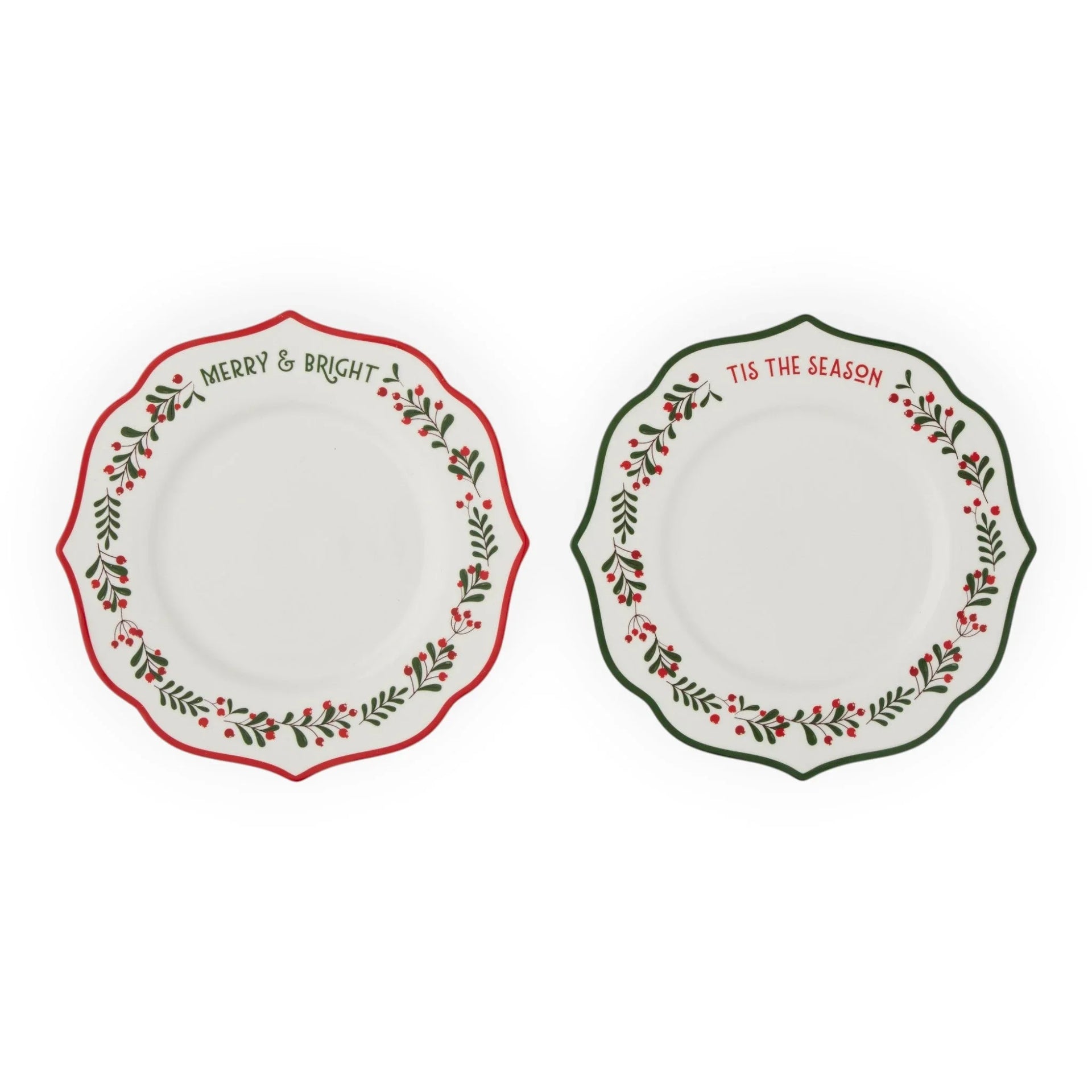 Festive holiday plates with 'Merry & Bright' and 'Tis The Season' text, red and green berry wreath designs