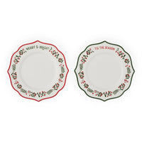 Festive holiday plates with 'Merry & Bright' and 'Tis The Season' text, red and green berry wreath designs