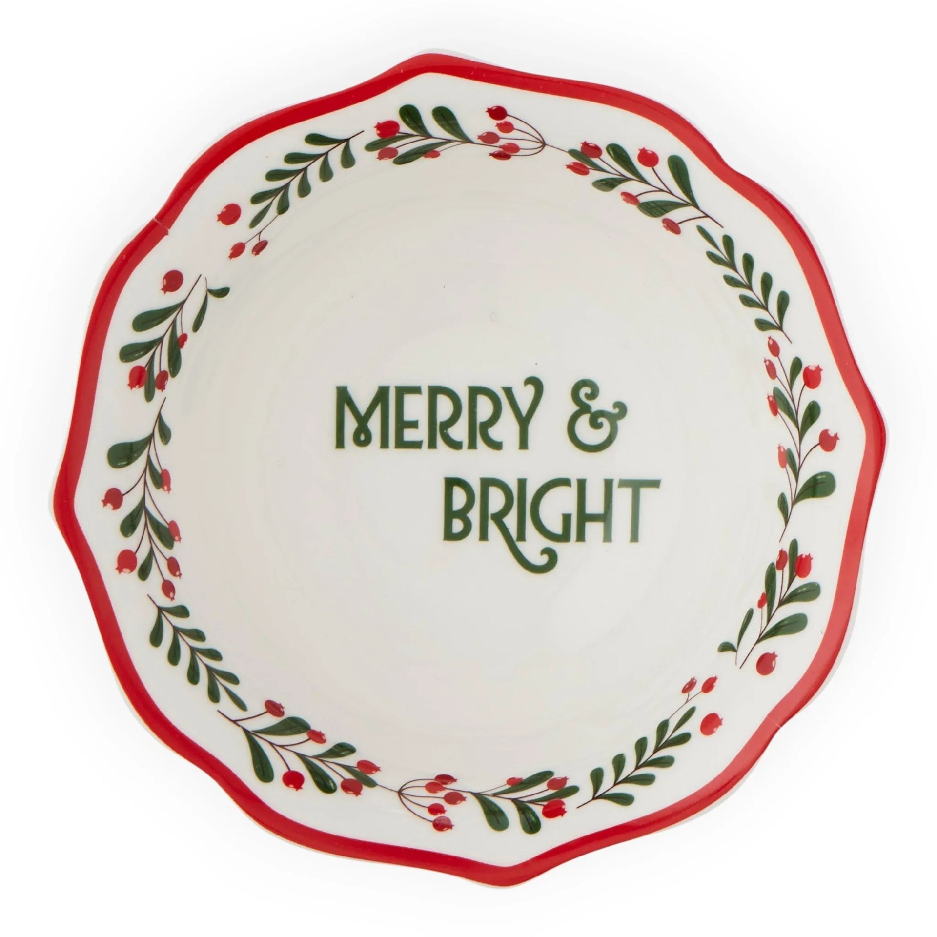 Merry & Bright holiday ceramic bowl with red rim and green berry wreath design, festive home décor
