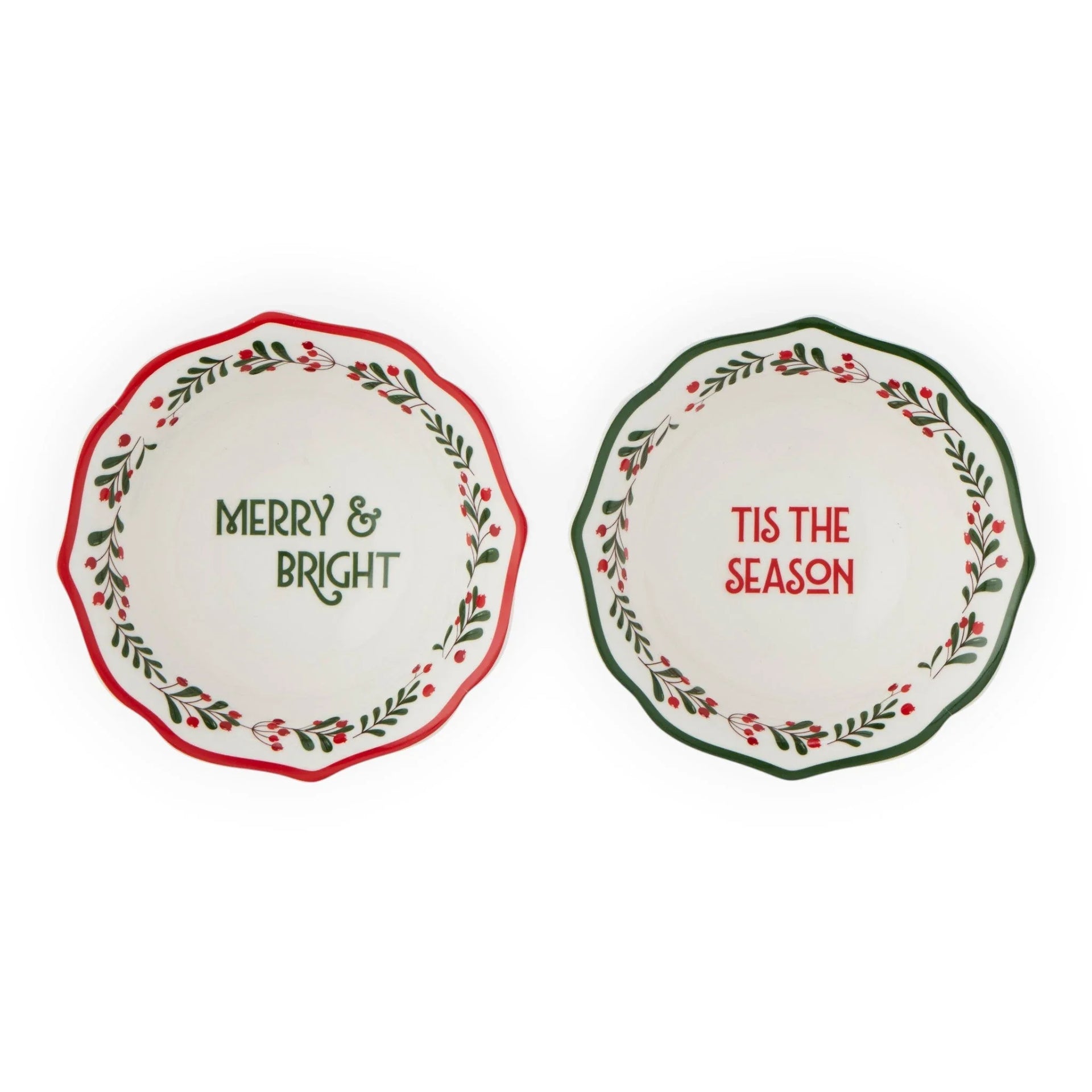 Festive ceramic bowls with 'Merry & Bright' and 'Tis the Season' text, holiday berry wreath design