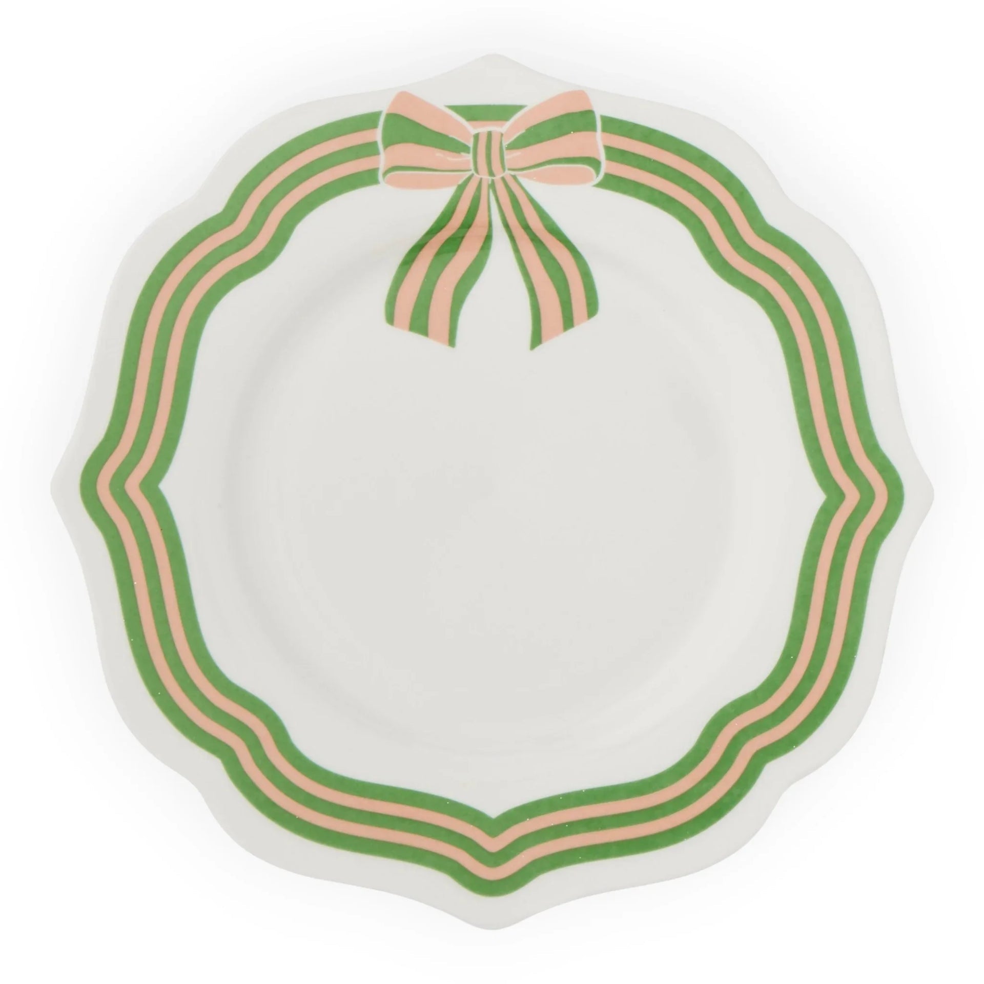 White ceramic plate with scalloped edge, green and pink striped bow design, vintage home decor accent