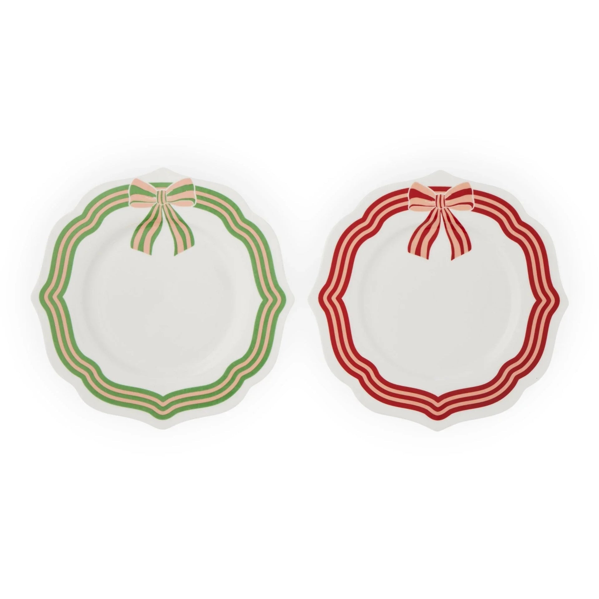 Elegant decorative plates with scalloped edges, striped ribbon bows in green and red, perfect for vintage home décor.