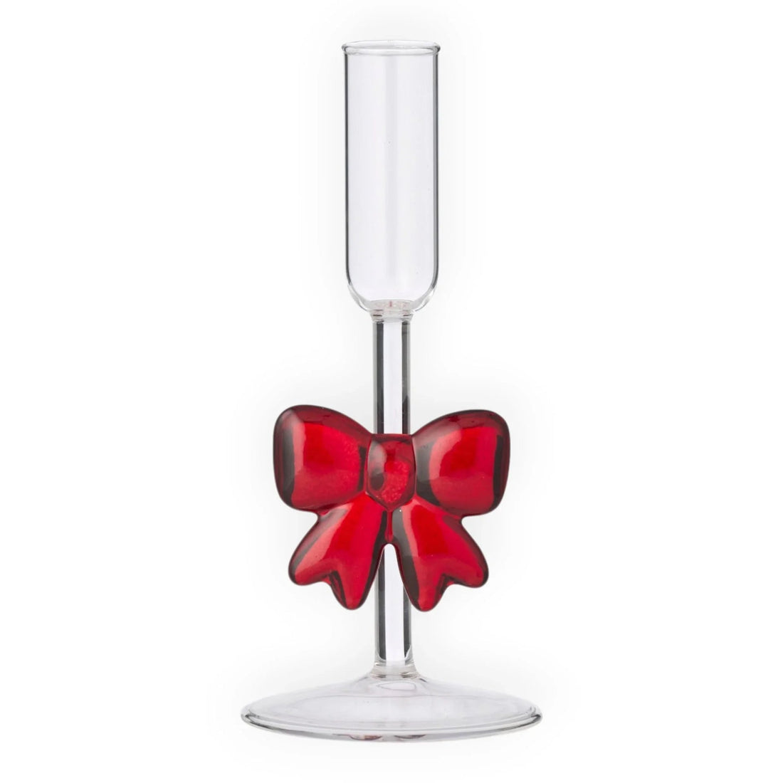 Clear glass candle holder with red bow accent, elegant home décor accessory