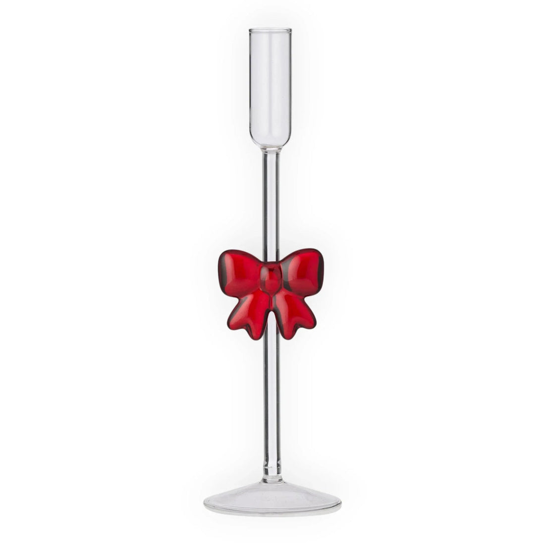 Clear glass candlestick holder with red bow accent, elegant home décor accessory