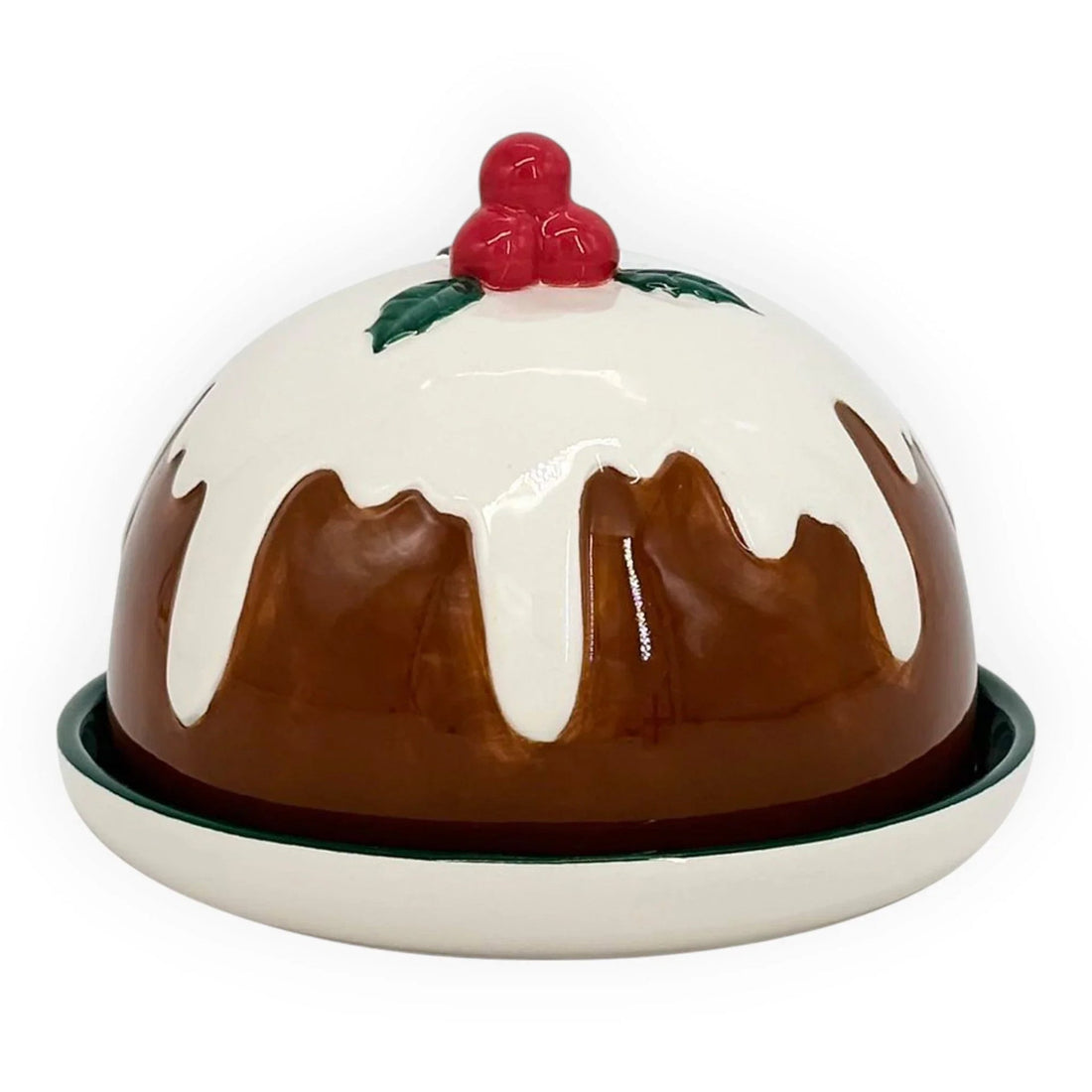 Ceramic Christmas pudding cover with holly berries, festive home decor