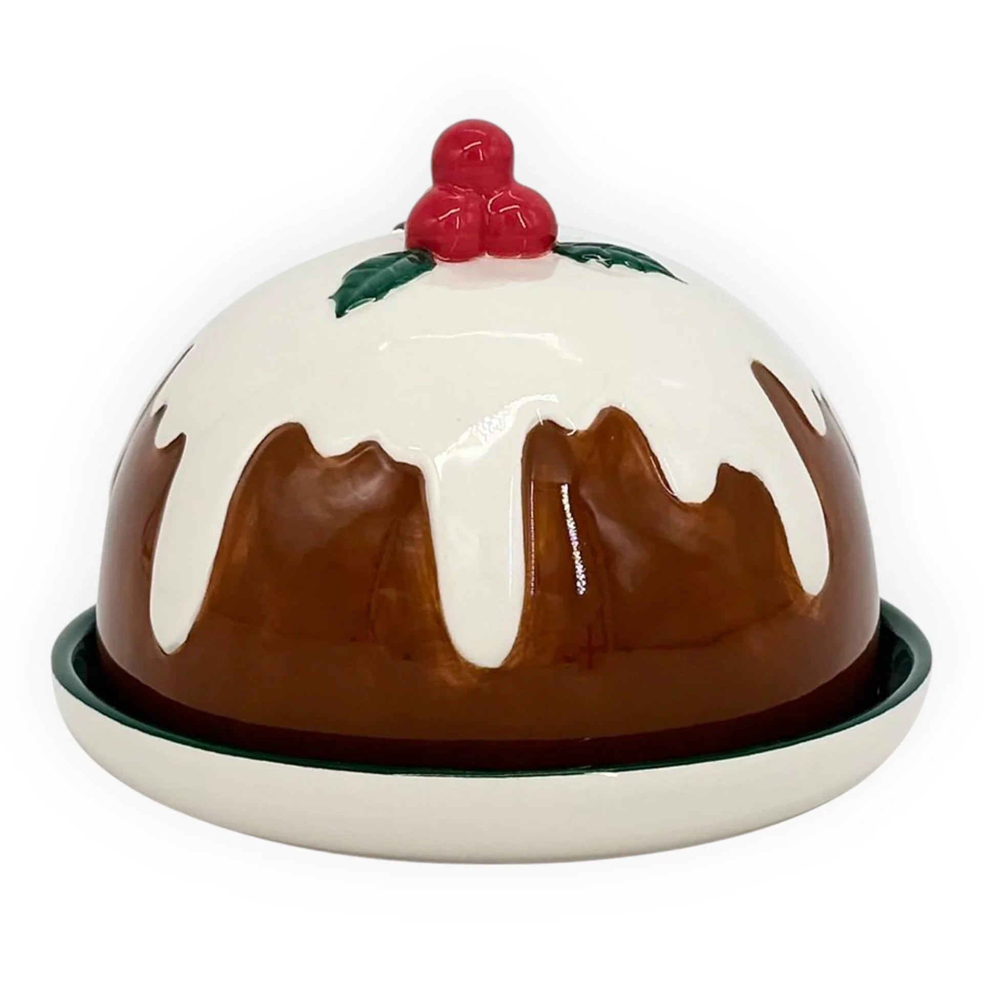 Ceramic Christmas pudding cover with holly berries, festive home decor