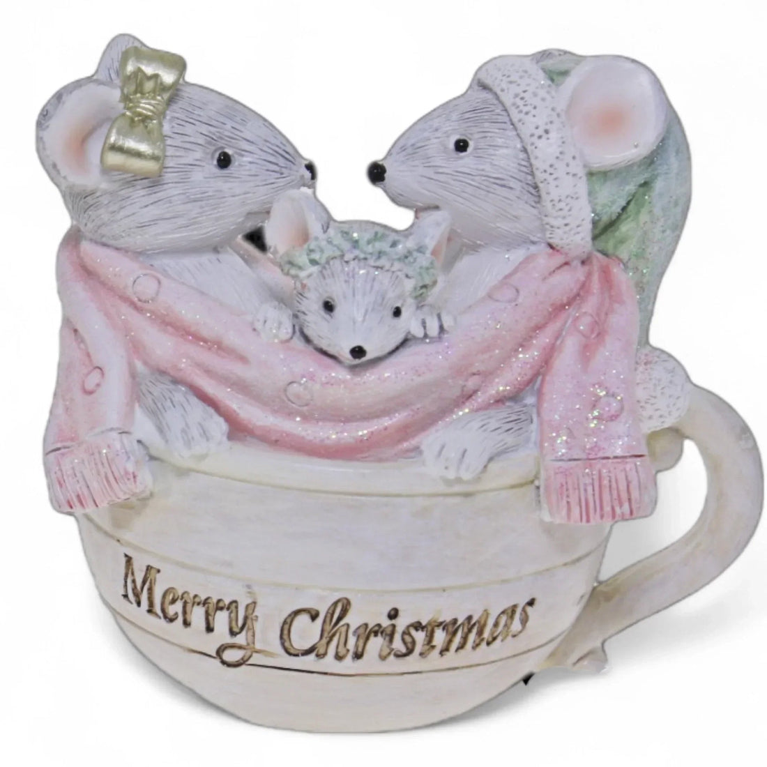 Merry Christmas mouse family figurine in cozy pink scarf, holiday home decor