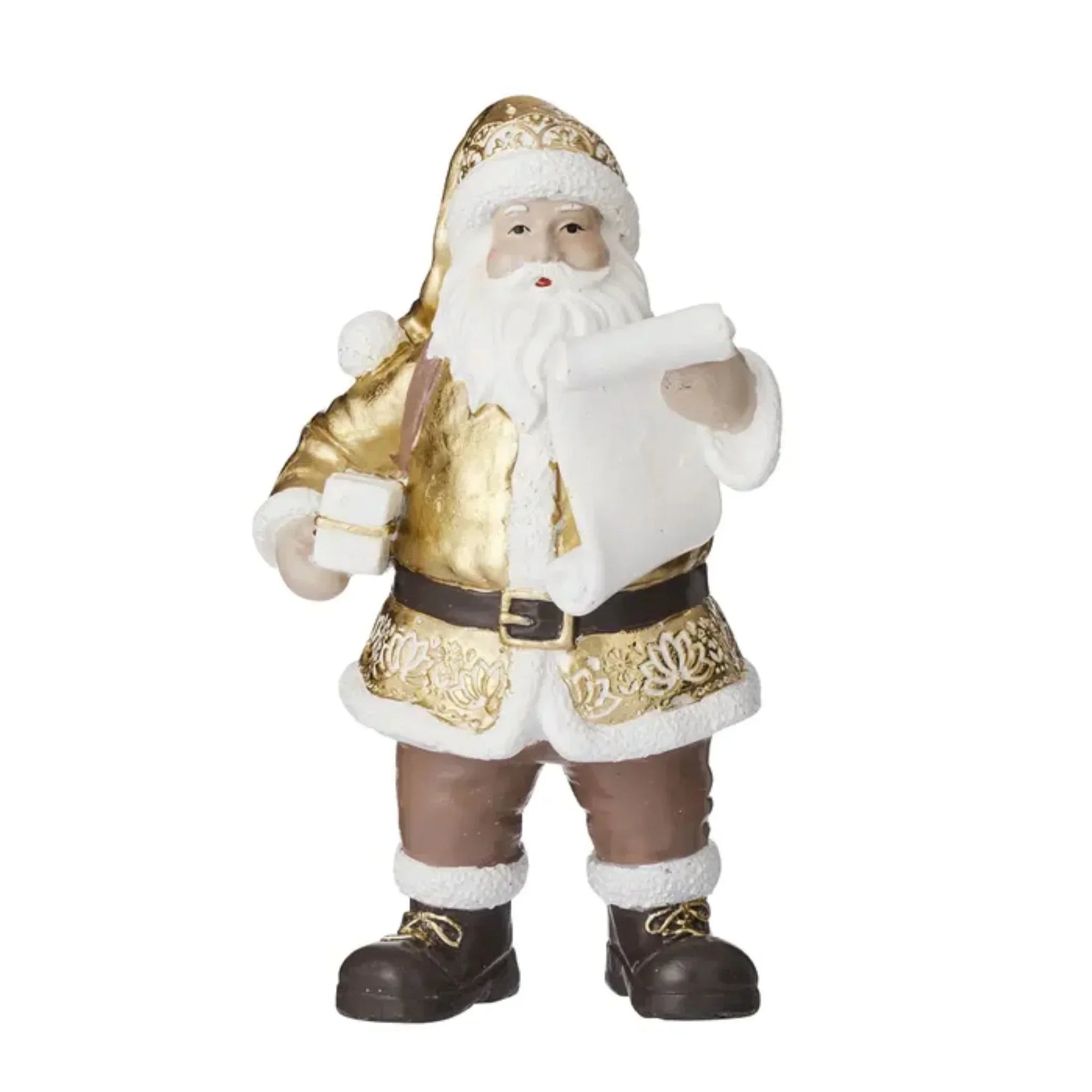 Gold and white Santa Claus figurine holding gift and scroll, festive holiday decoration for home