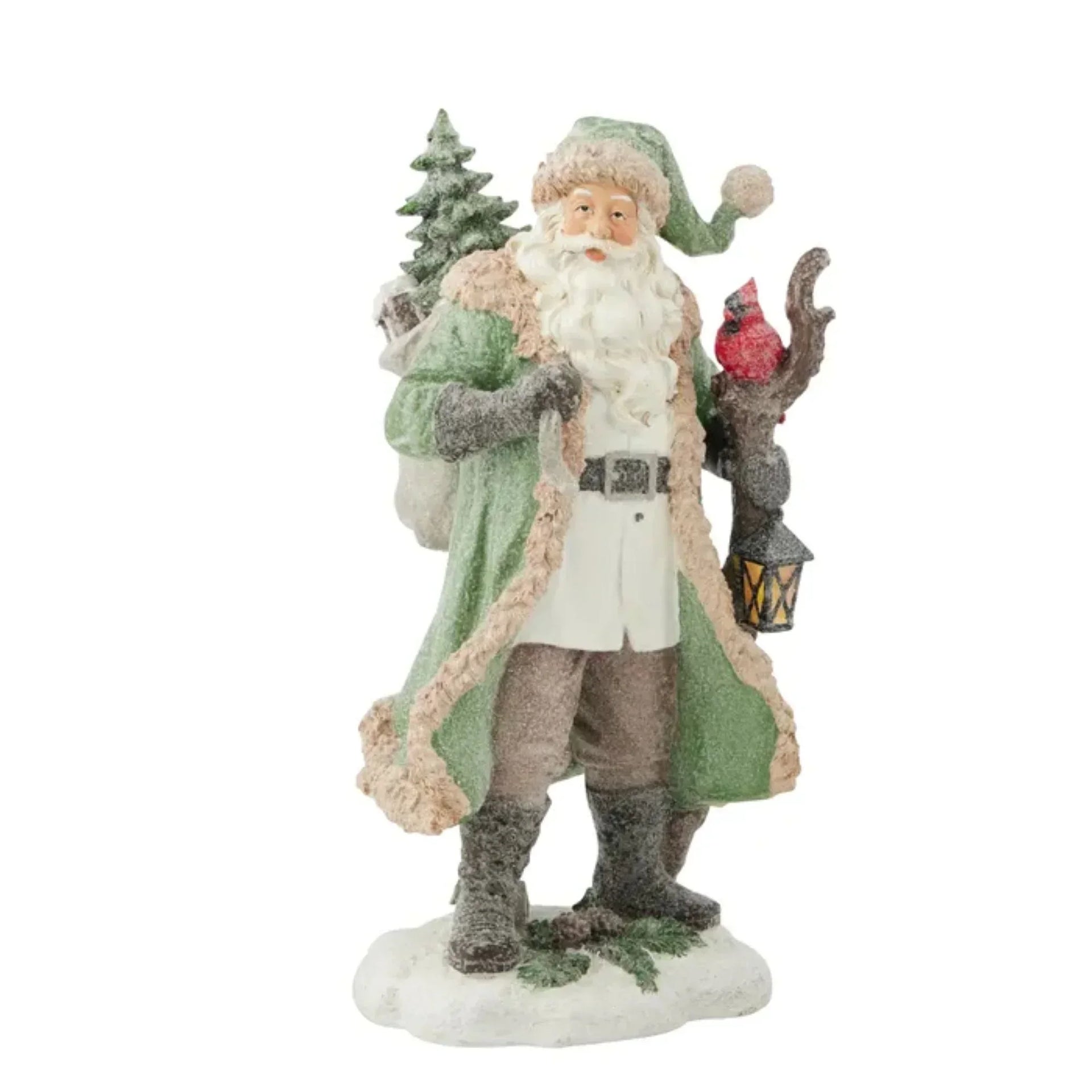 Vintage Santa figurine with green coat, lantern, and cardinal, festive holiday home décor