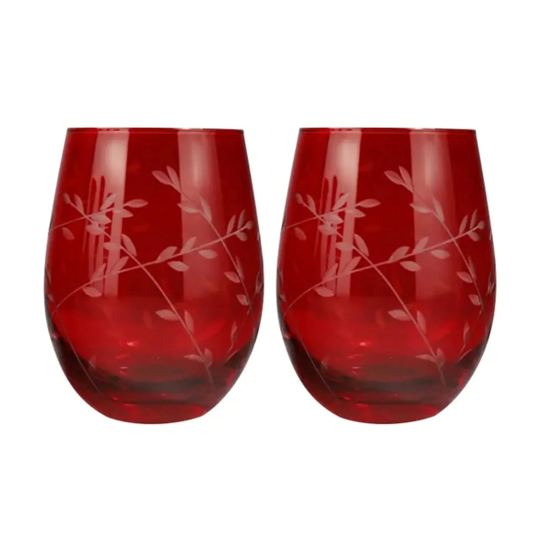 Red etched glass tumblers with leaf design, elegant home decor