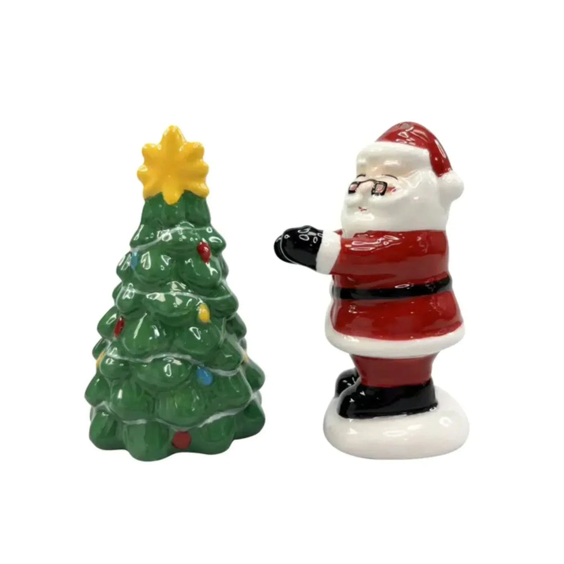 Ceramic Santa Claus and Christmas tree figurines for festive home décor, holiday decorations, and seasonal accents.