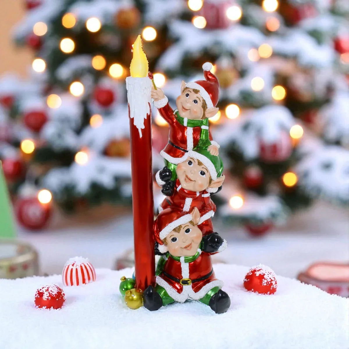 Stacked Elves with LED Candle