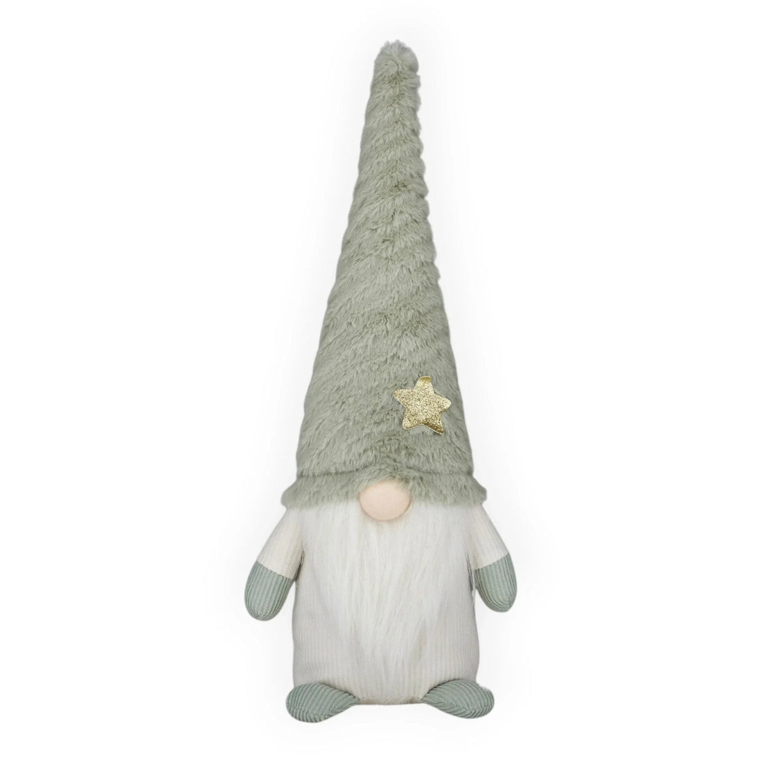 Soft sage green gnome with gold star hat, white beard & knitted cuffs, cozy home décor accent