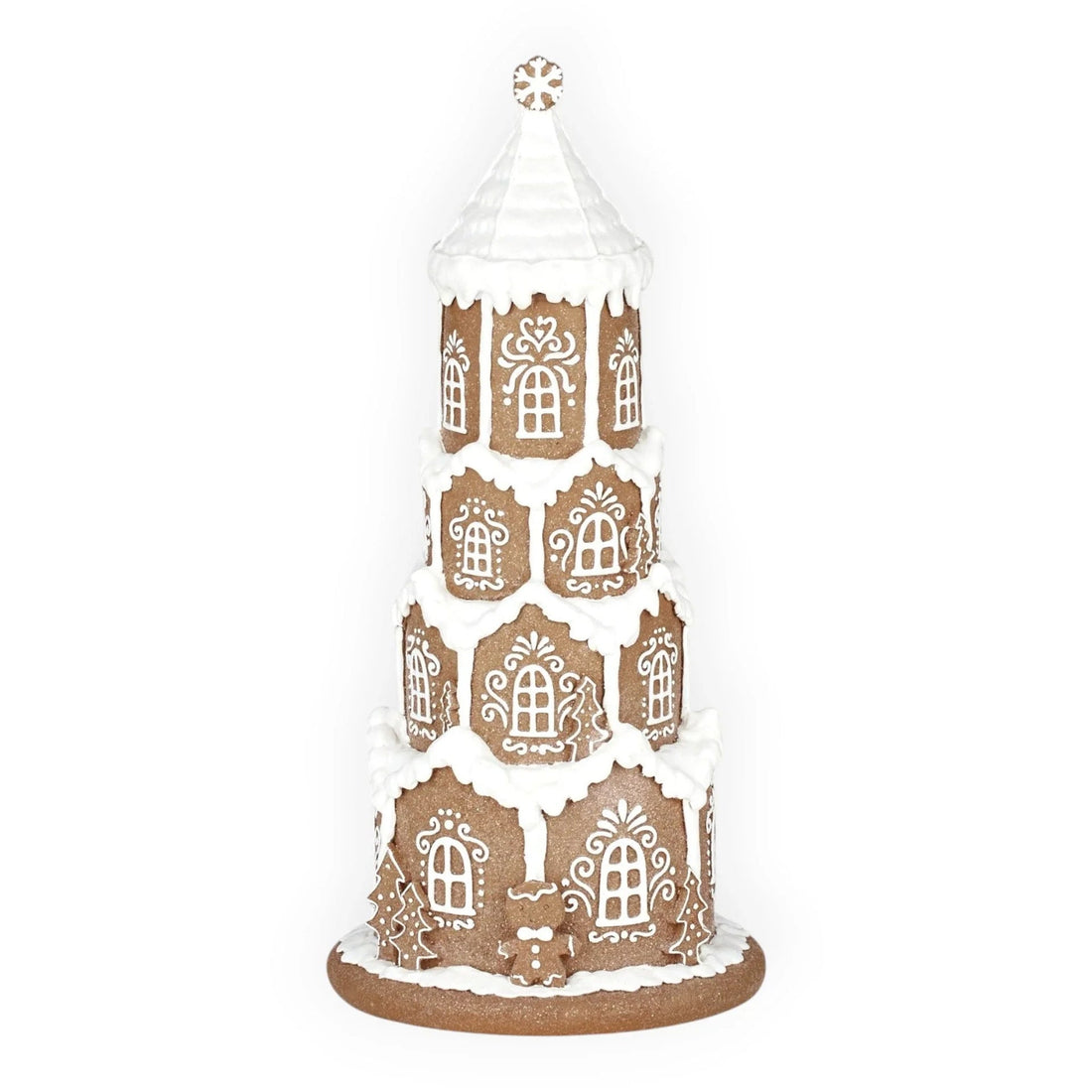 Gingerbread house tower with white icing details, snow accents, and festive windows for holiday home décor