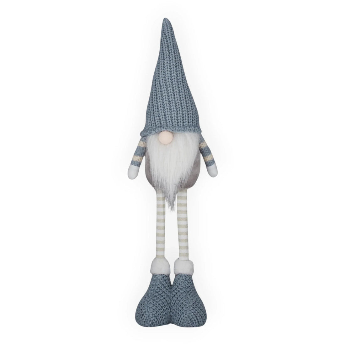 Blue knit gnome with white beard, striped legs, and cozy boots for home décor