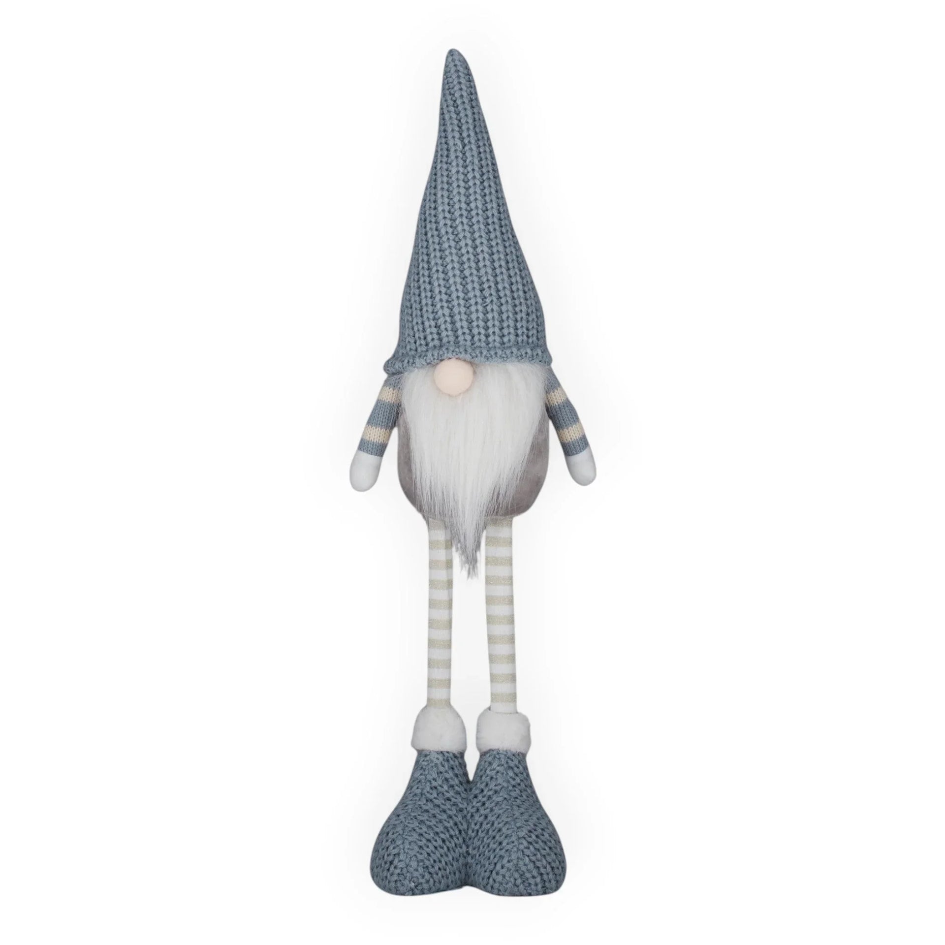 Blue knit gnome with white beard, striped legs, and cozy boots for home décor