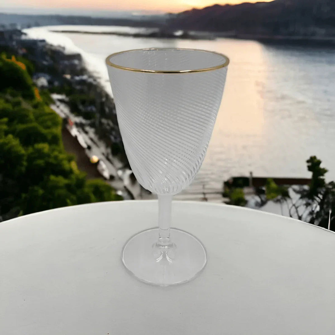 Acrylic Wine Glass Clear Stripe With Gold Rim - Exquisite Homewares 
