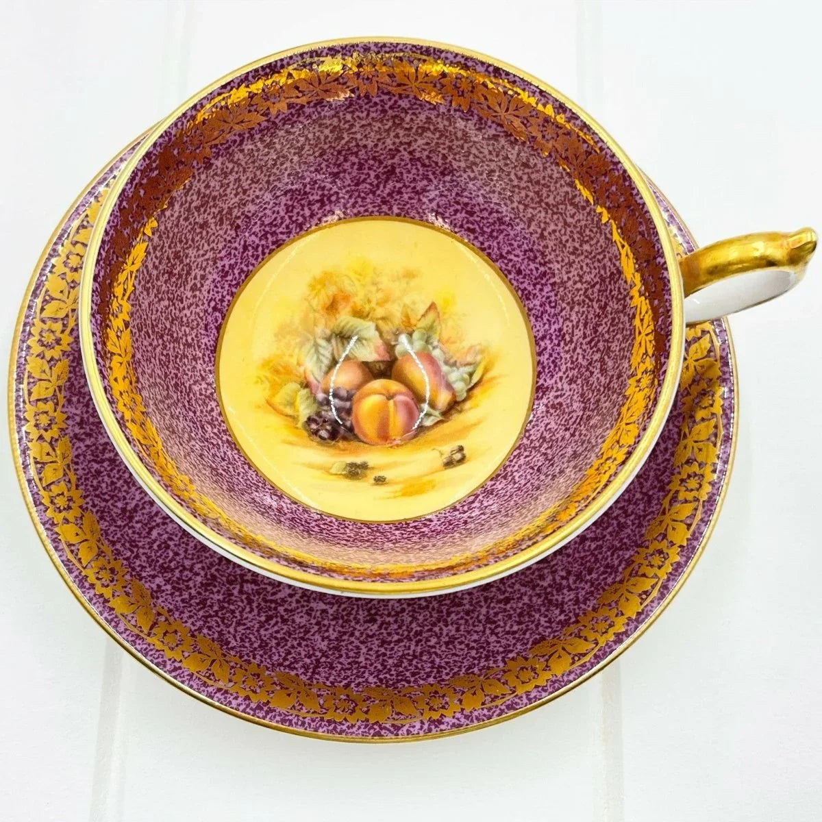 Aynsley Orchard Gold Mauve and Gold Cup and Saucer Duo - Exquisite Homewares 