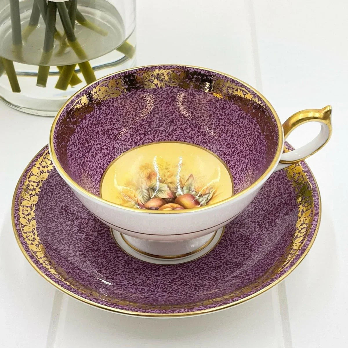 Aynsley Orchard Gold Mauve and Gold Cup and Saucer Duo - Exquisite Homewares 