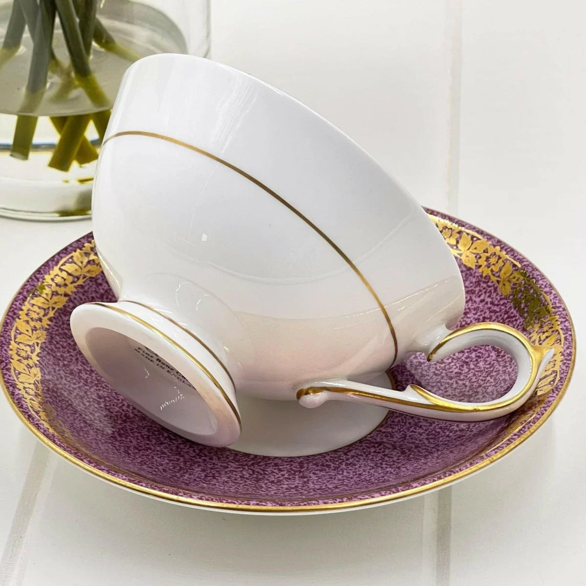 Aynsley Orchard Gold Mauve and Gold Cup and Saucer Duo - Exquisite Homewares 
