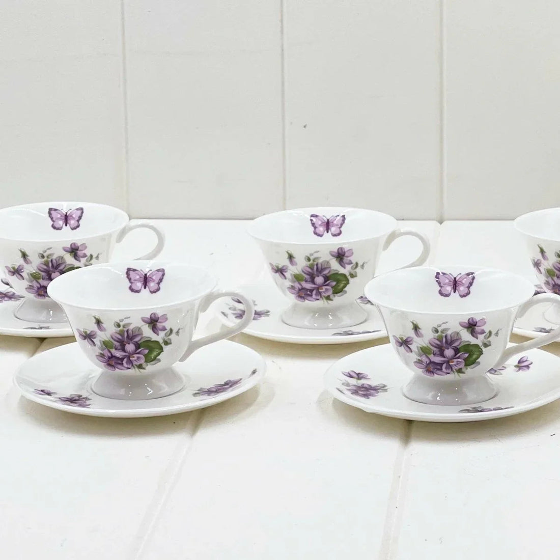 Aynsley Purple Violets Set 4 Demitasse Duos - Exquisite Homewares 