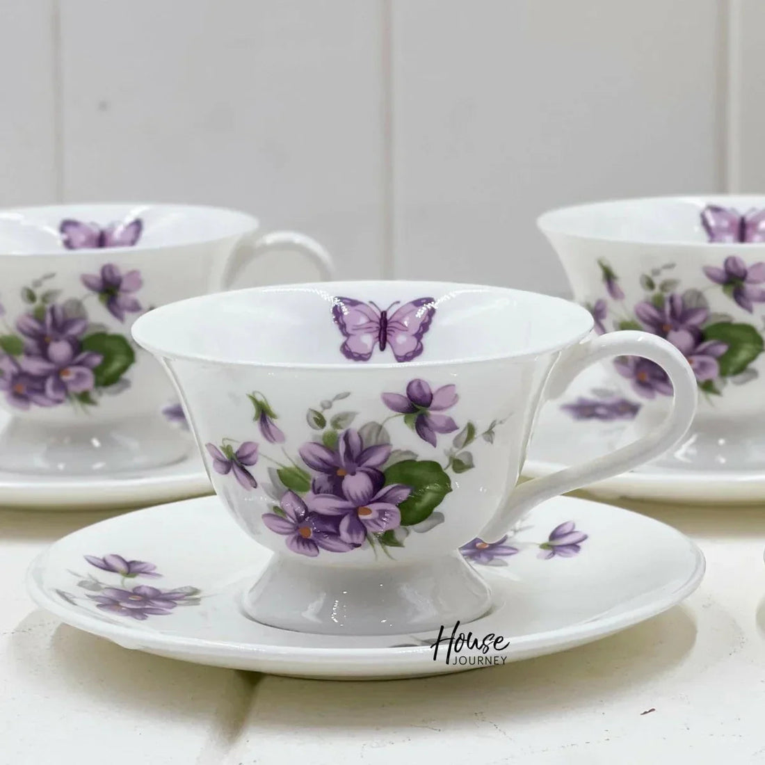 Aynsley Purple Violets Set 6 Demitasse Duos - Exquisite Homewares 