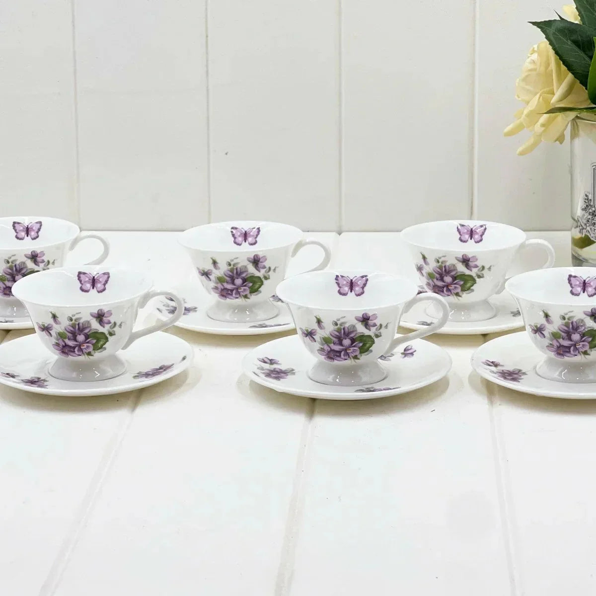 Aynsley Purple Violets Set 6 Demitasse Duos - Exquisite Homewares 