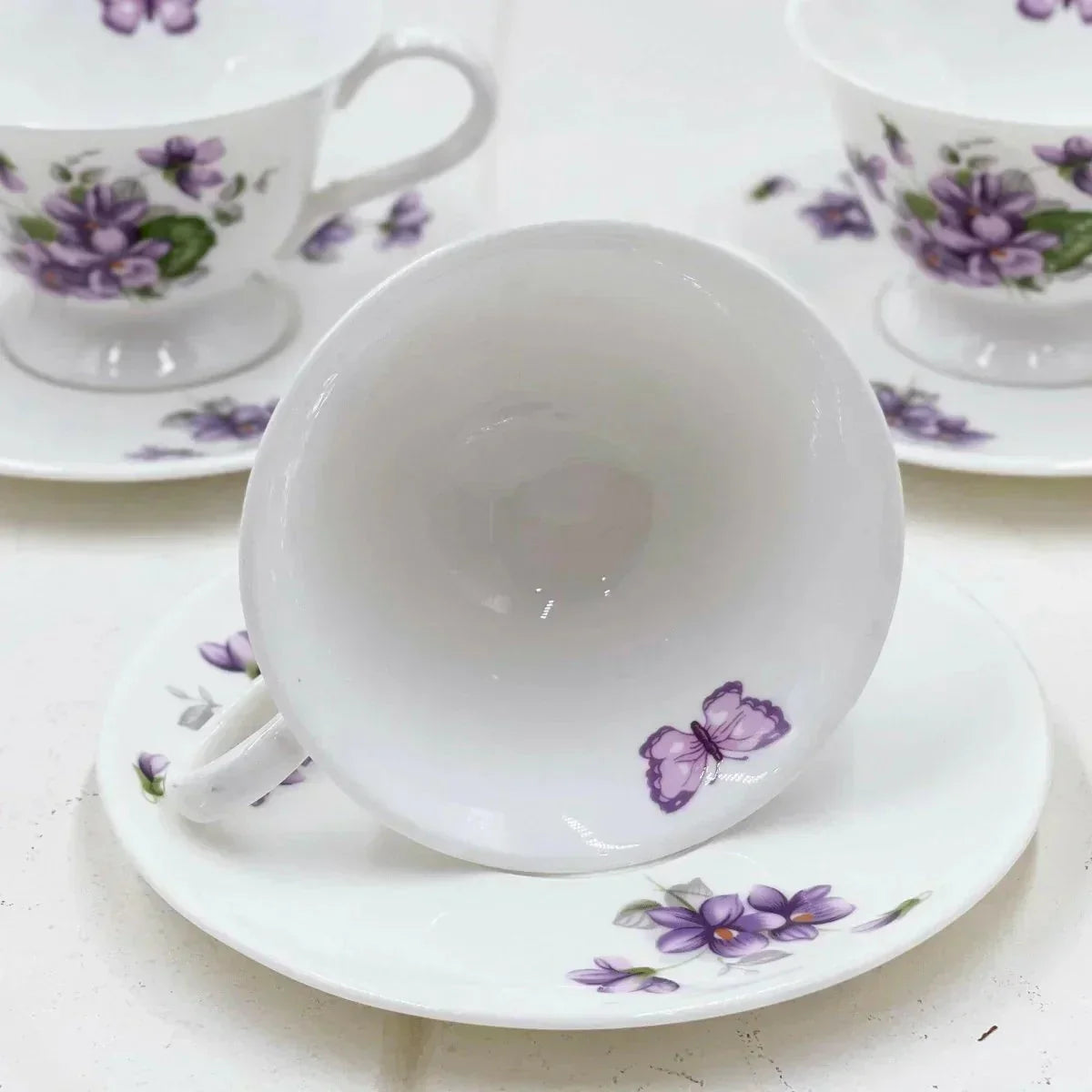 Aynsley Purple Violets Set 6 Demitasse Duos - Exquisite Homewares 