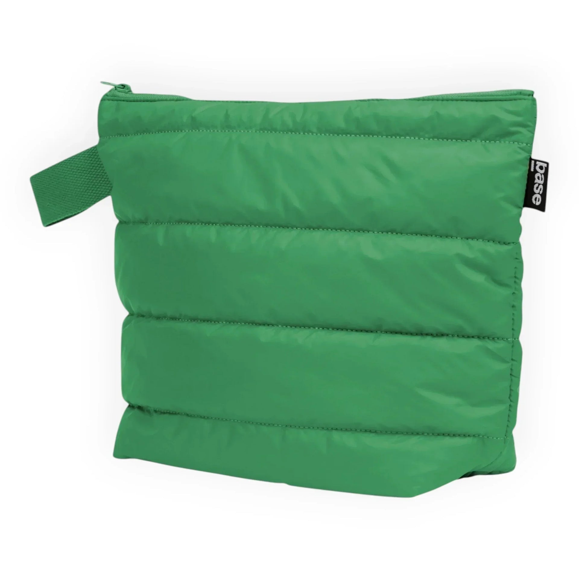 Green quilted pouch with zipper and carry loop, ideal for home organisation and travel essentials