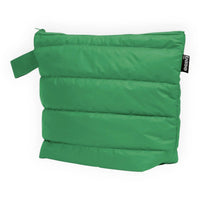 Green quilted pouch with zipper and carry loop, ideal for home organisation and travel essentials
