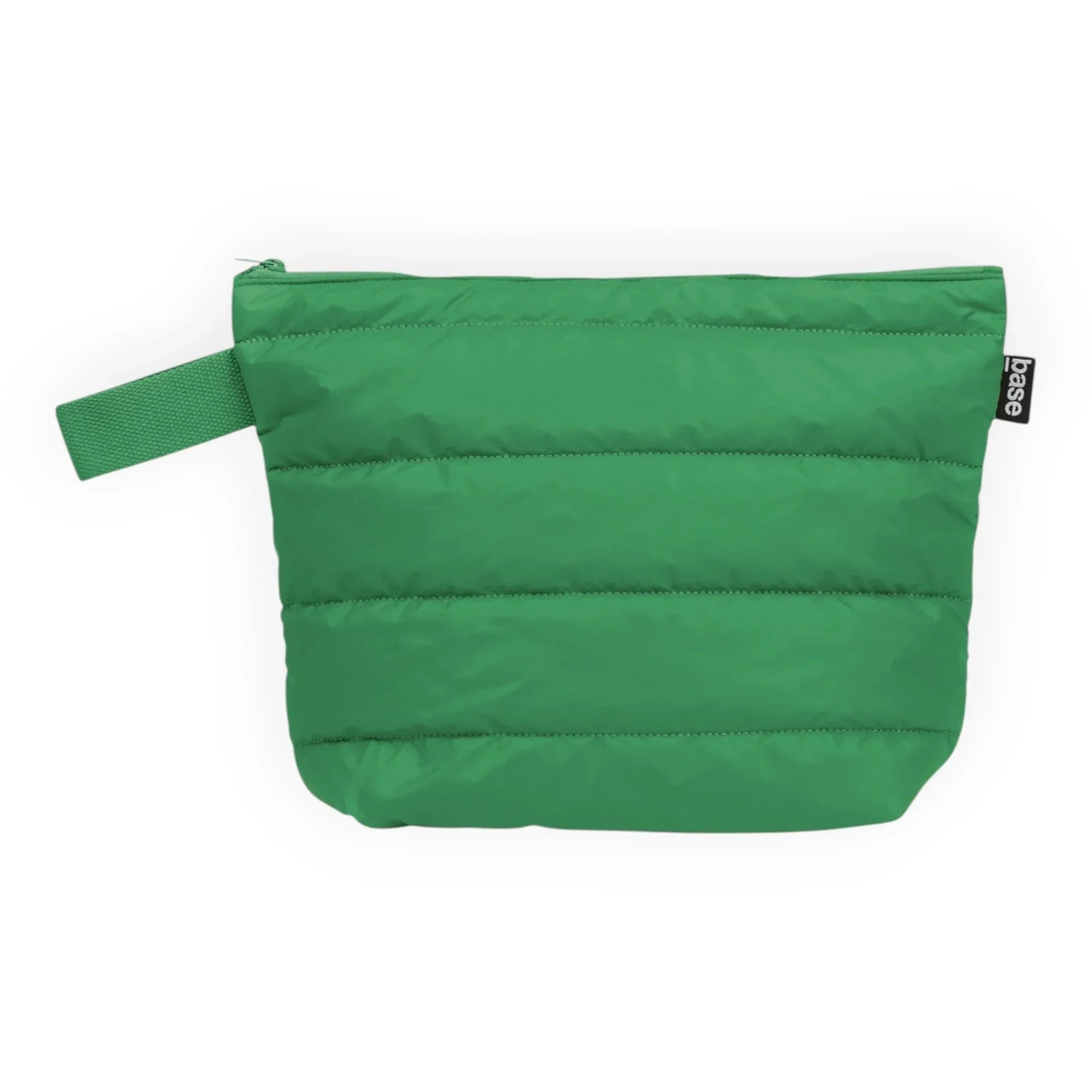 Green quilted pouch with zipper and handle, ideal for travel or storage