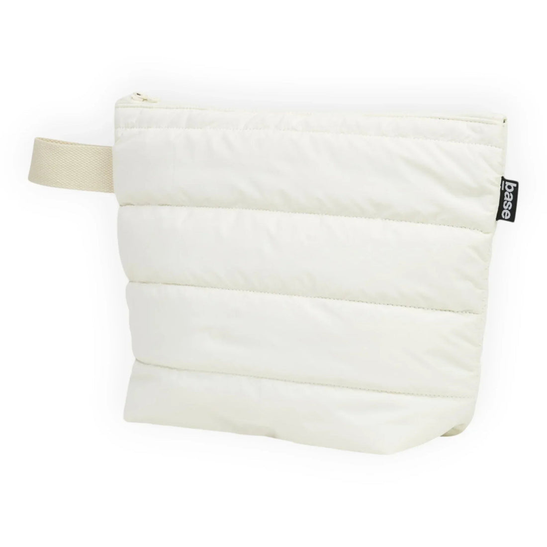 Cream quilted pouch with zipper and carry strap, ideal for home organisation and travel essentials.