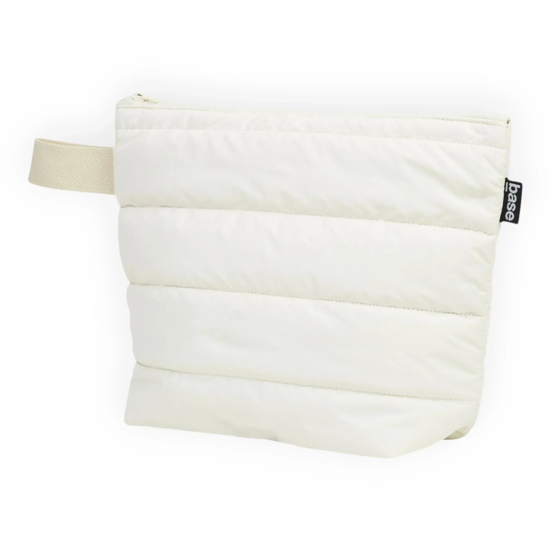 Cream quilted pouch with zipper and carry strap, ideal for home organisation and travel essentials.