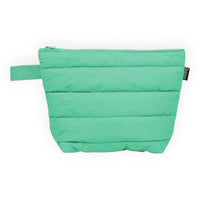 Mint green quilted pouch with zipper and carry strap, ideal for travel or organizing essentials.