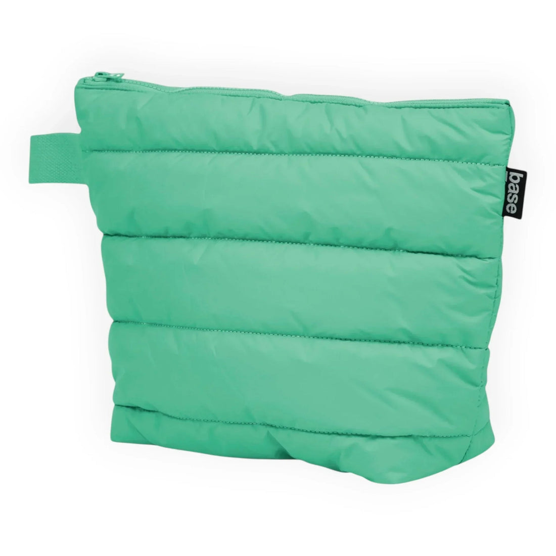 Mint green puffer pouch with zip closure and carry loop, ideal for travel or storage