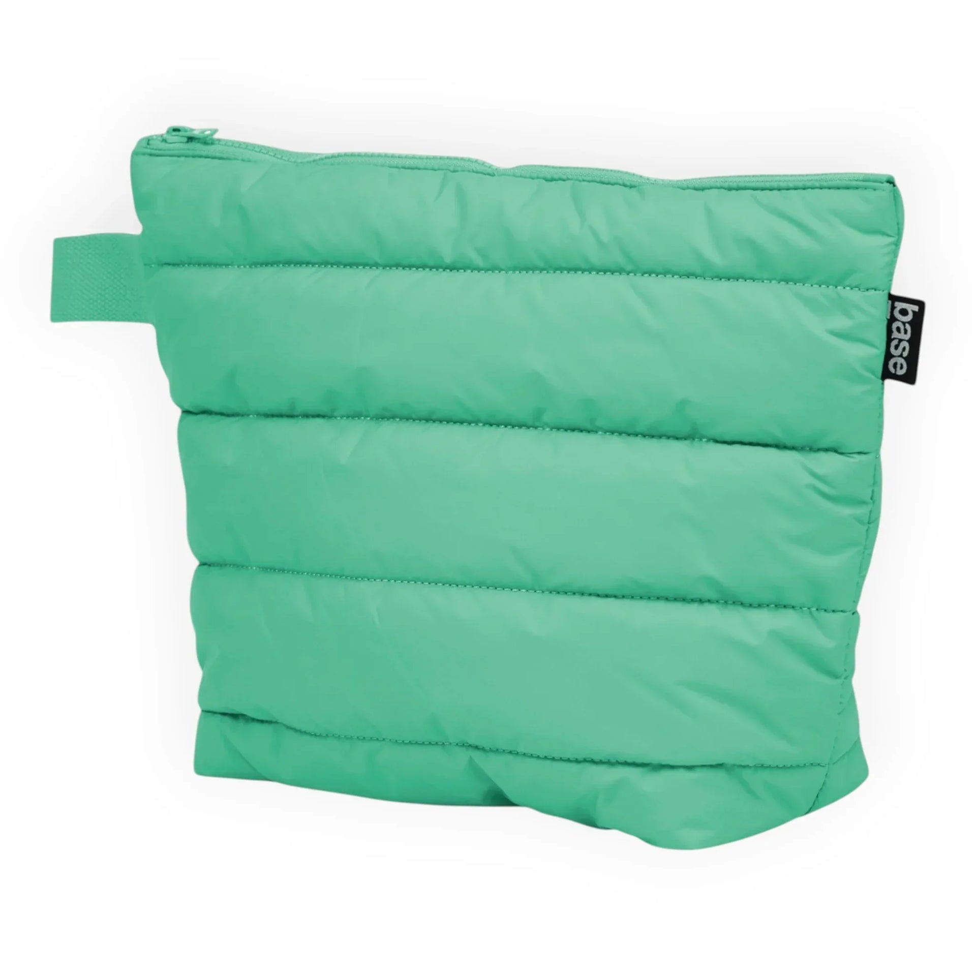 Mint green puffer pouch with zip closure and carry loop, ideal for travel or storage