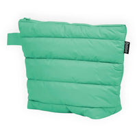 Mint green puffer pouch with zip closure and carry loop, ideal for travel or storage