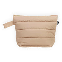 Beige quilted pouch with zipper and carry strap, ideal for travel or storage