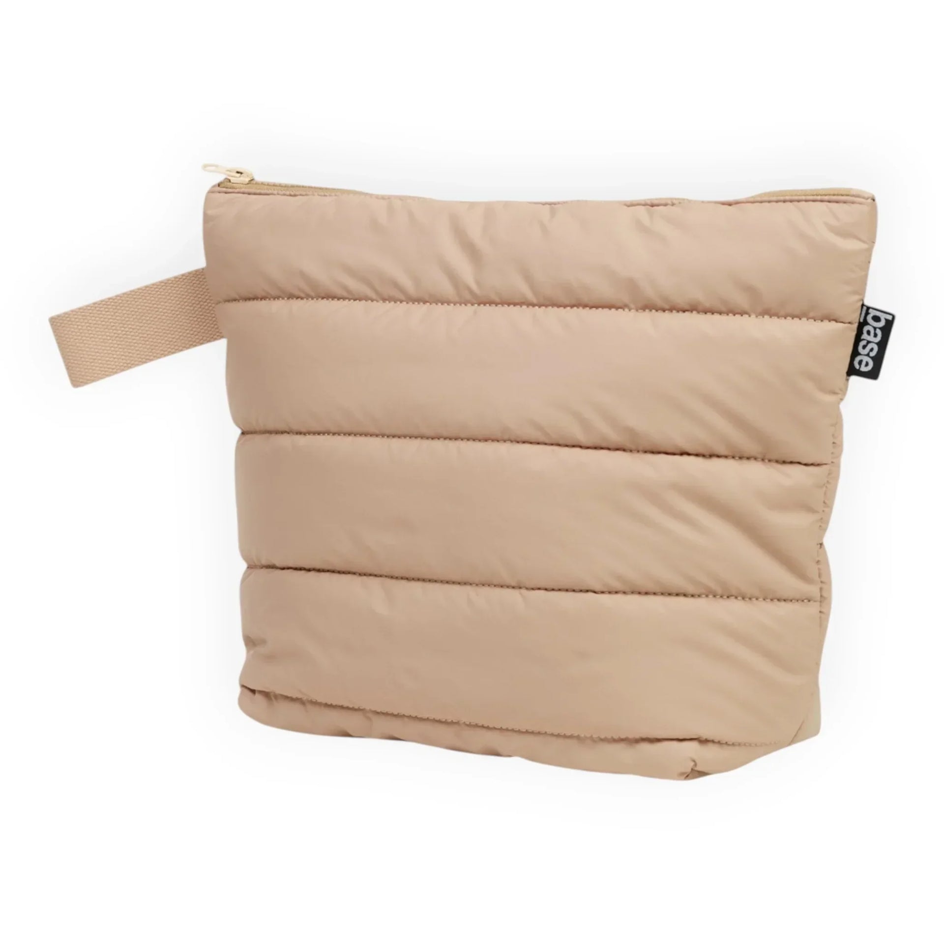 Beige puffer pouch with zip closure and carry strap, ideal for travel or storage