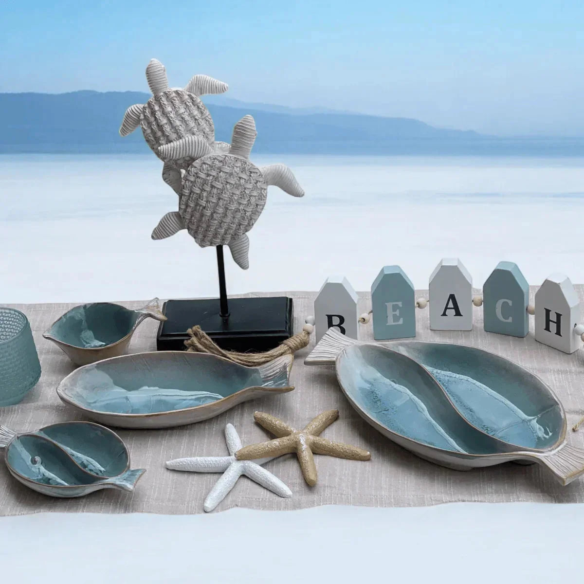 Coastal Blue Small Divided Fish Platter - Handcrafted Stoneware - Exquisite Homewares 